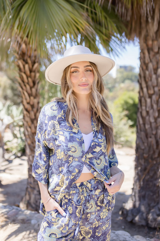  Short Sleeve Button Down Floral Print Top Navy