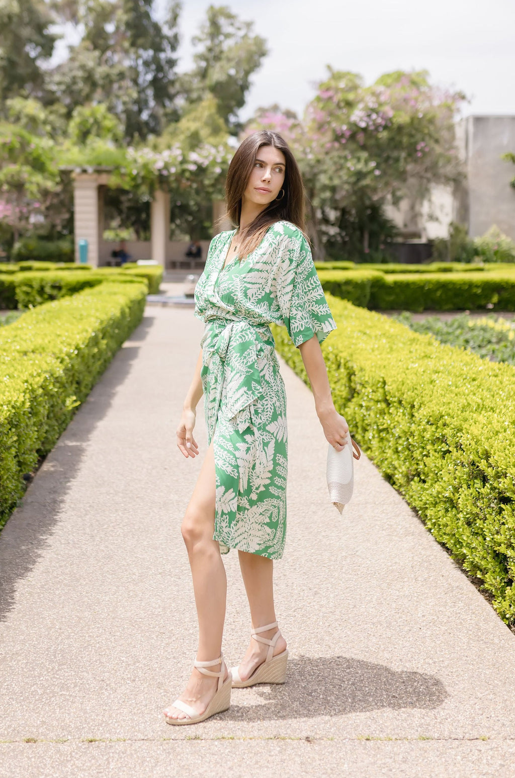 Kimono Sleeve Printed Wrap Midi Dress Green
