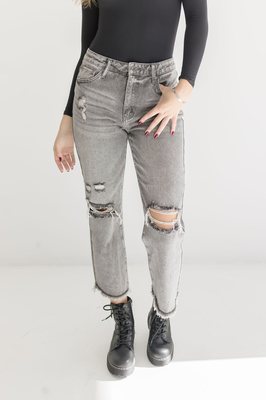 High Rise Distressed Jeans Grey