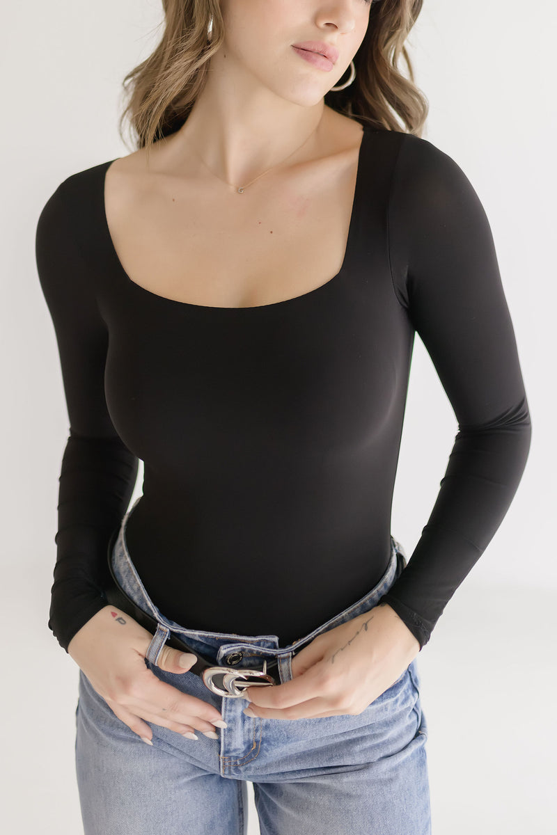 Cleo Long Sleeve Square Neck Bodysuit Black – Miss Match Group Inc.