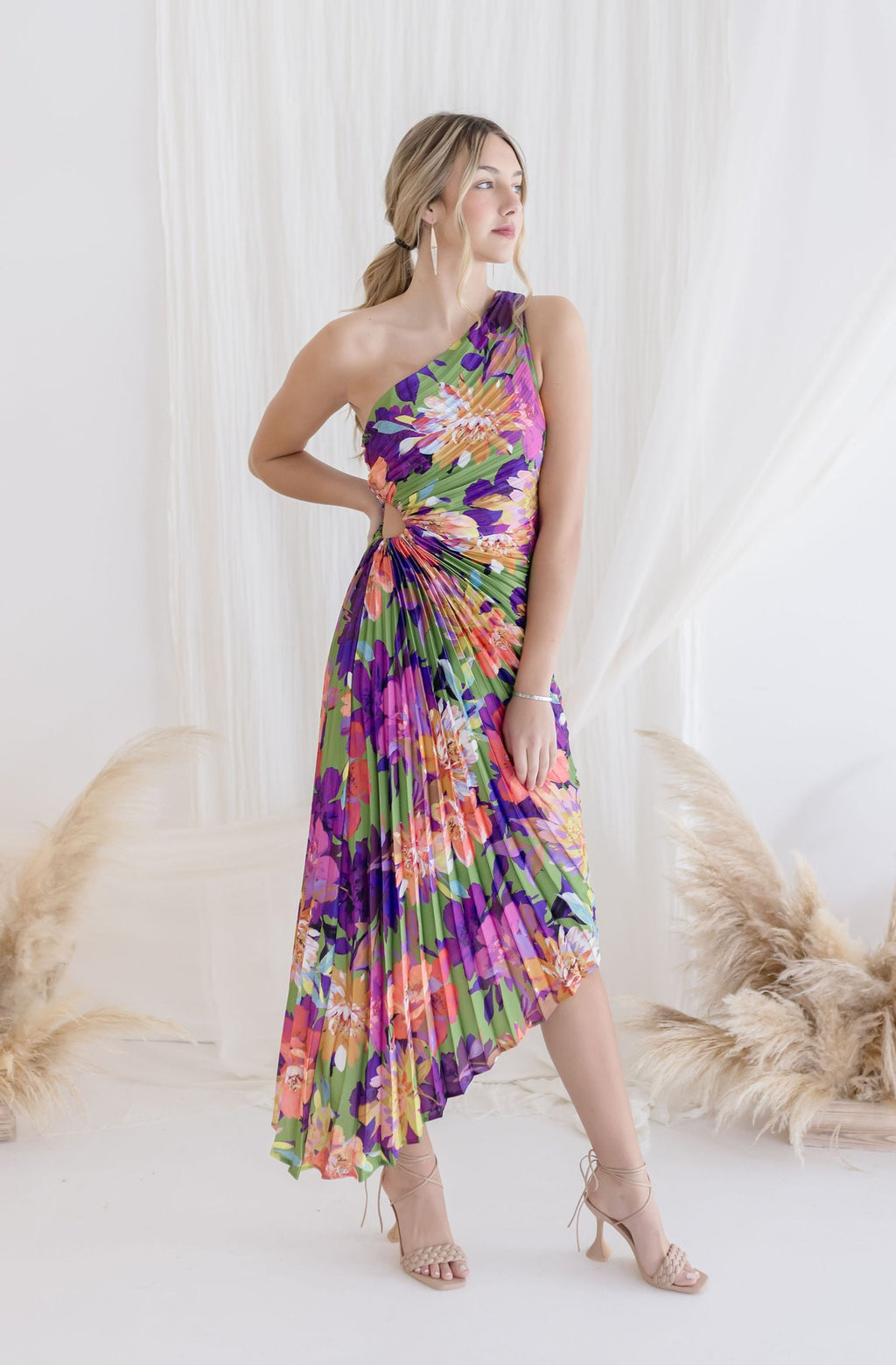 One Shoulder Pleated Floral Maxi Dress Blue