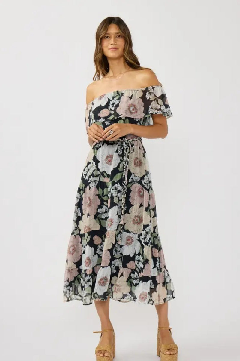 chinese dress ladies Tess Off The Shoulder Floral Print Maxi Dress Black – Miss Match Group Inc