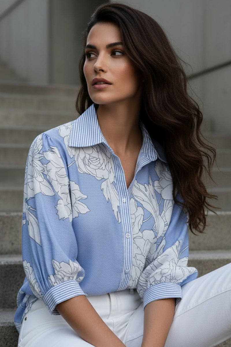 blue and white floral dress shirt Dorothy 3/4 Sleeve Button Down Print Top MEDIUM Green TJ Maxx Dresses