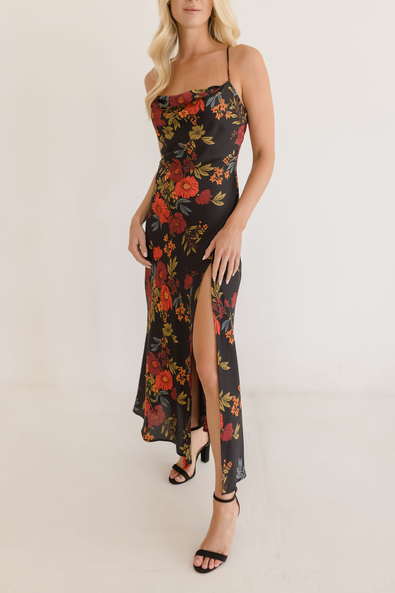 Addison Sleeveless Floral Print Satin Midi Dress Black