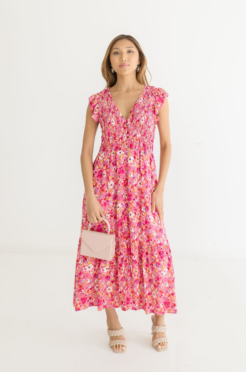  Short Ruffle Sleeve Floral Print Maxi Dress Pink
