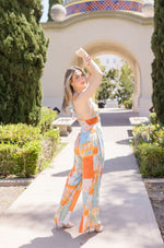  Sleeveless Cut Out Abstract Print Wide Leg Jumpsuit Orange