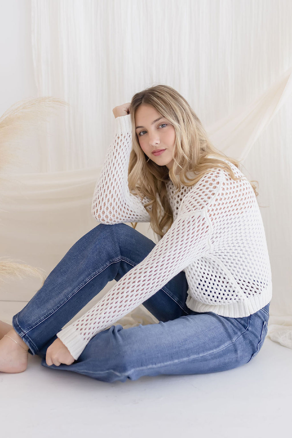  Long Sleeve Crochet Sweater Top White