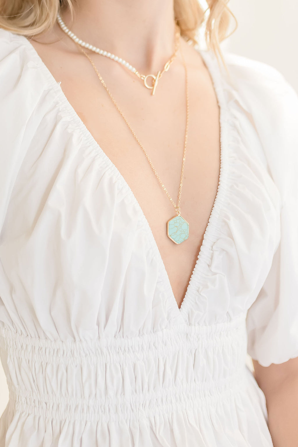 Layered Stone Pendant Necklace Teal