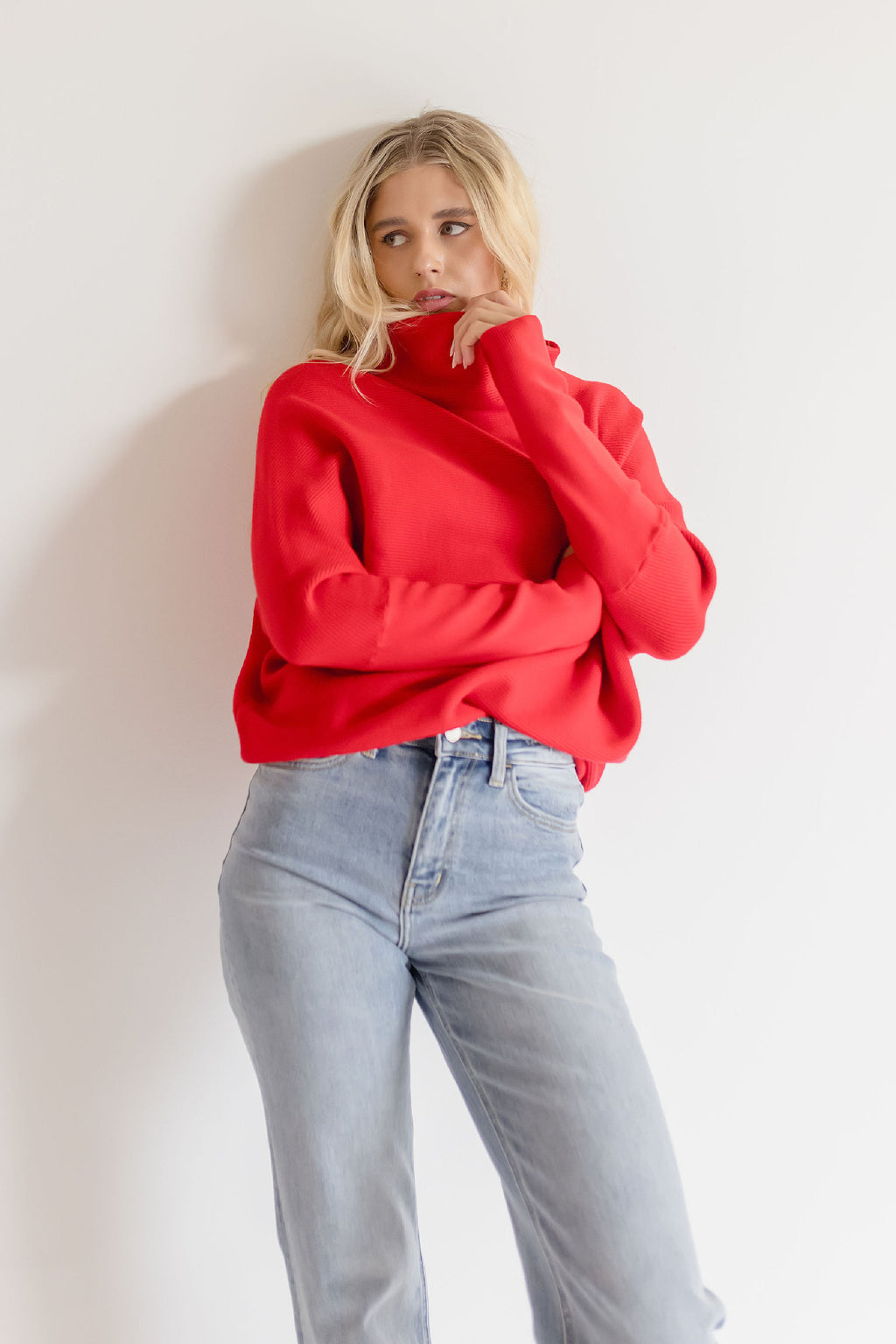 Long Sleeve Slouched Funnel Neck Sweater Red
