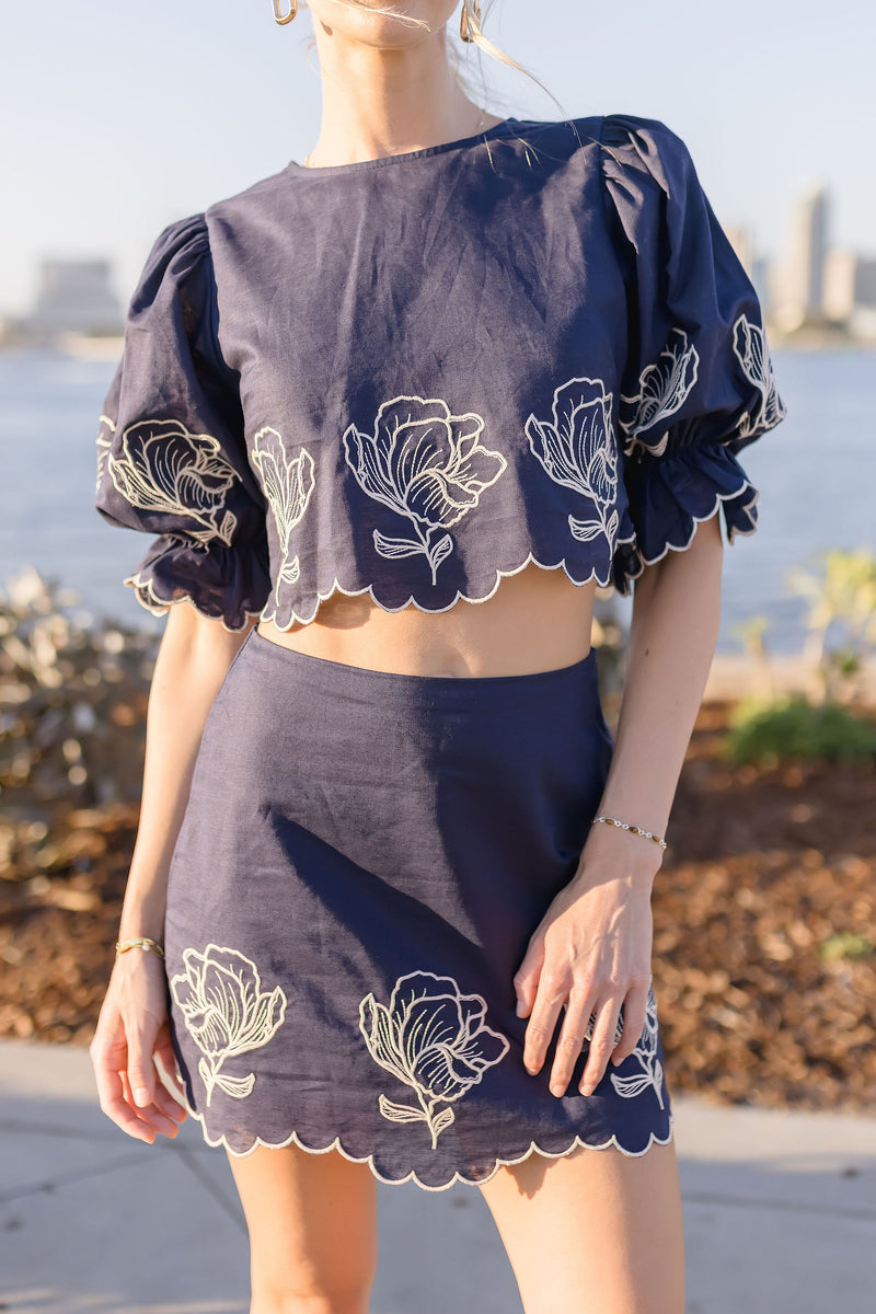 Bristol Puff Sleeve Floral Embroidered Top And Mini Skirt Set Navy