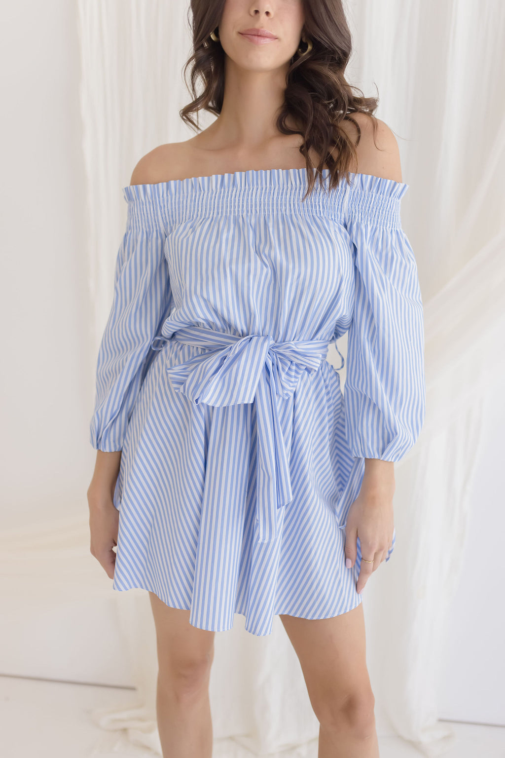 Long Sleeve Off The Shoulder Striple Print Mini Dress Blue