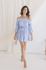 Long Sleeve Off The Shoulder Striple Print Mini Dress Blue