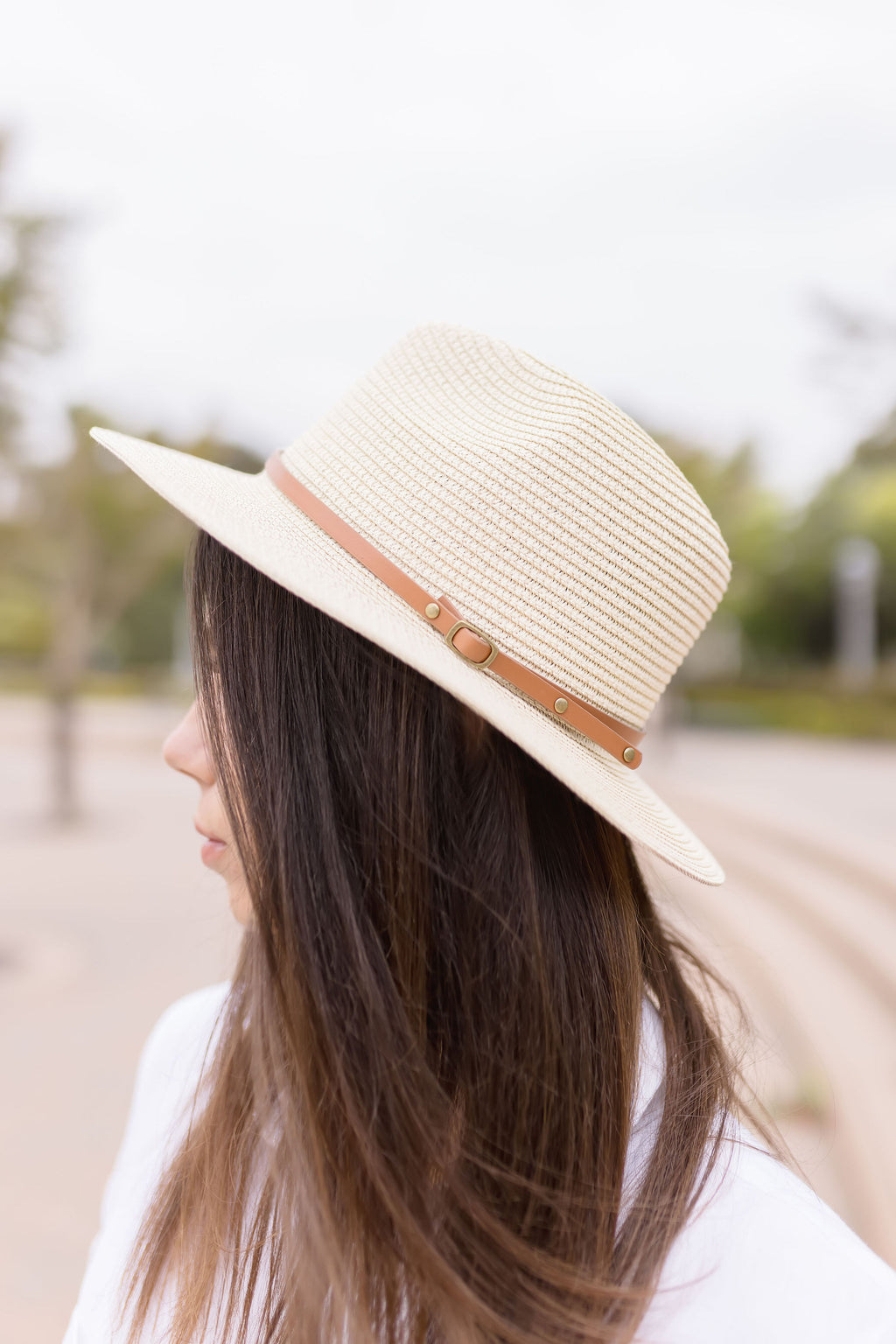 Faux Leather Belted Straw Hat Beige