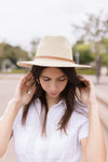 Faux Leather Belted Straw Hat Beige