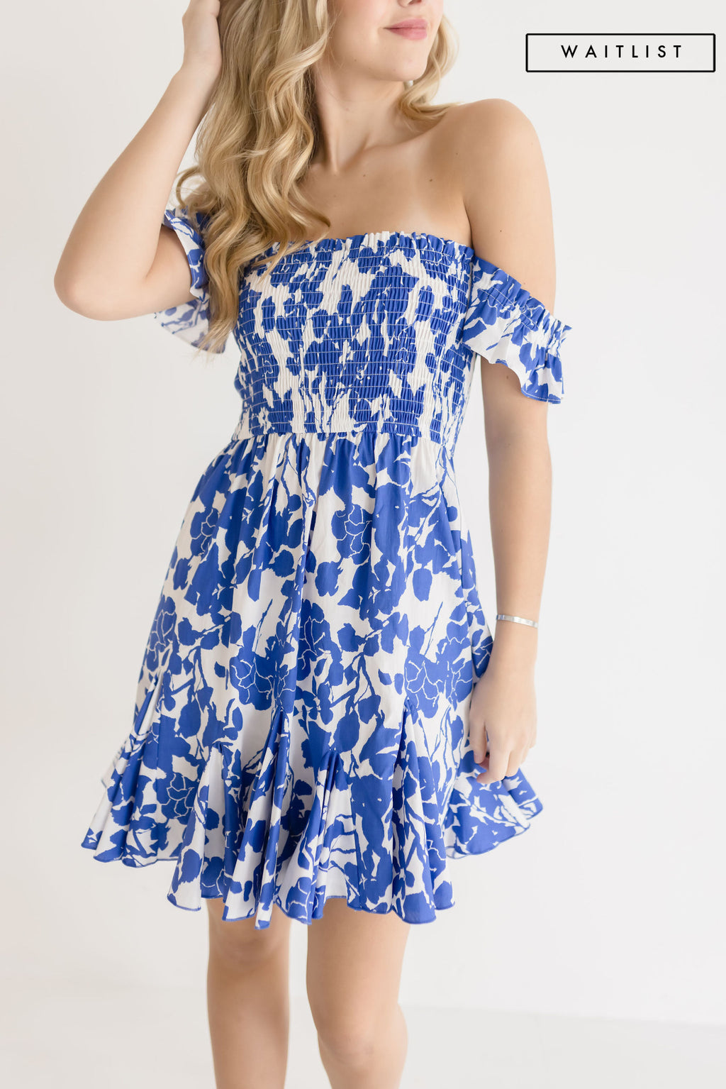 The Shoulder Floral Print Mini Dress Blue