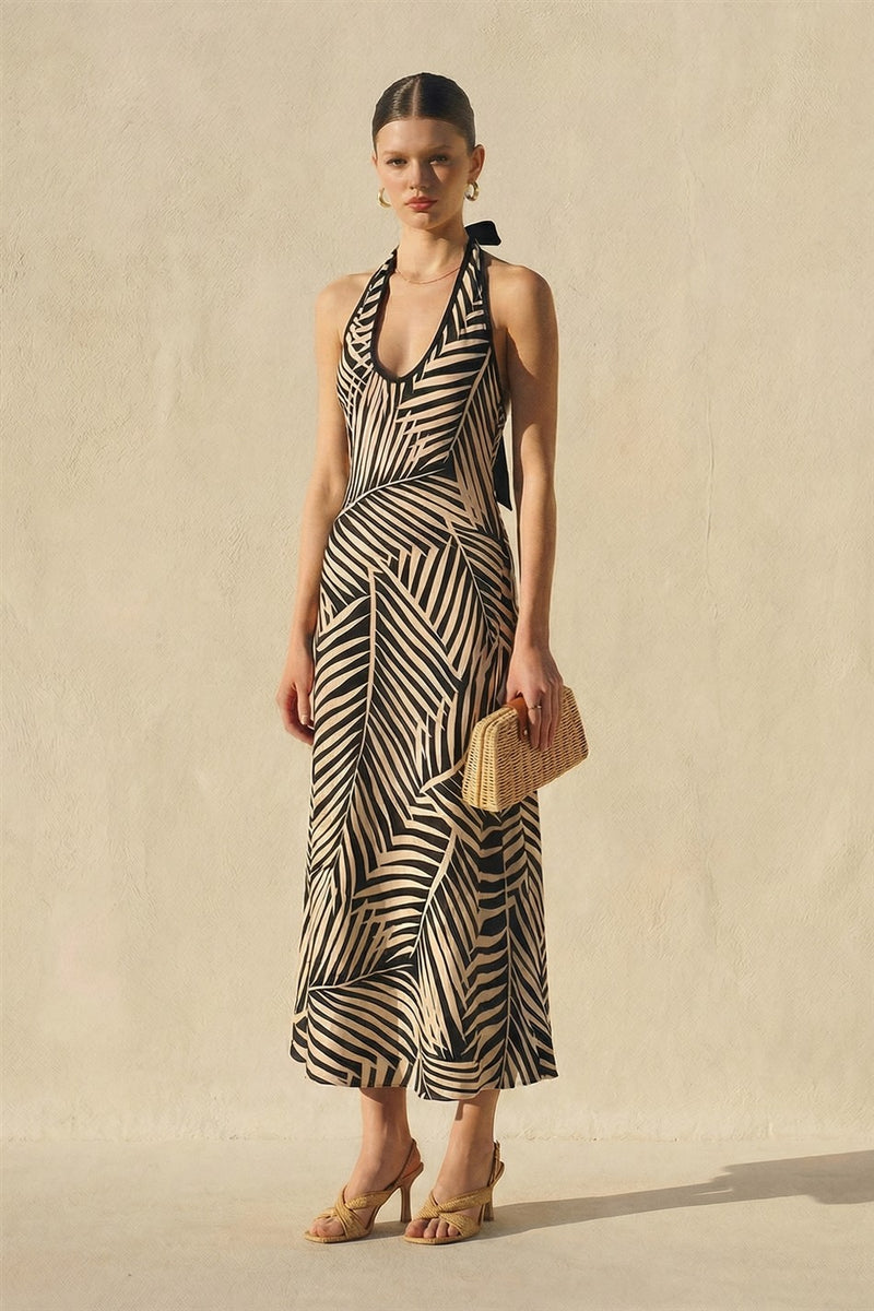 Sloan Sleeveless Halter Tropical Leaf Print Maxi Dress Black MEDIUM