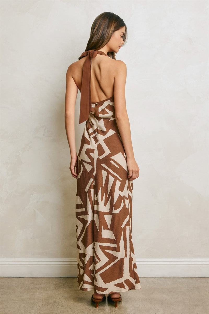 taylor halter dress Waitlist 7/25 • Taylor Sleeveless Halter Abstract Print Maxi Dress Brown LARGE