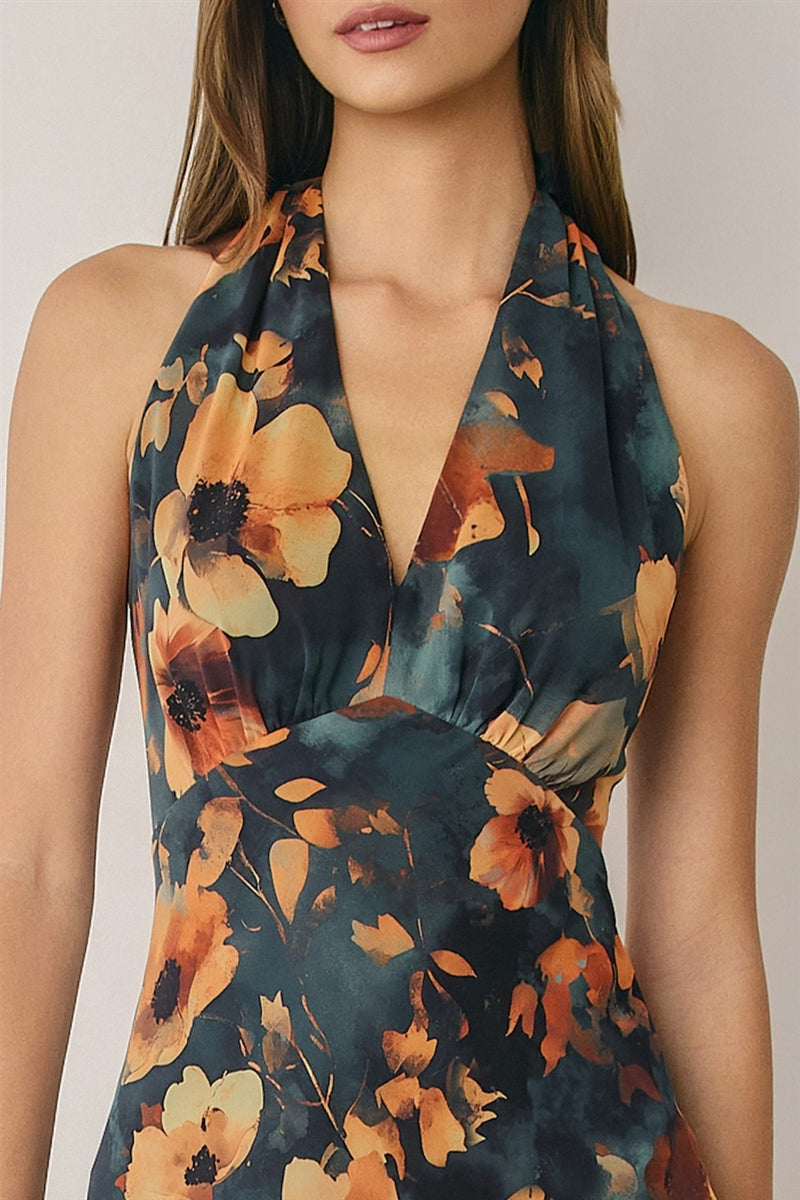 Waitlist 10/5 • Khloe Sleeveless Halter Open Back Floral Print Maxi Dress Blue MEDIUM