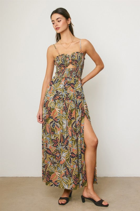 tropical print cut out dress Women's Not In A Hurry Olive Green Tropical Print Cotton Cutout Maxi Dress | Size: M
