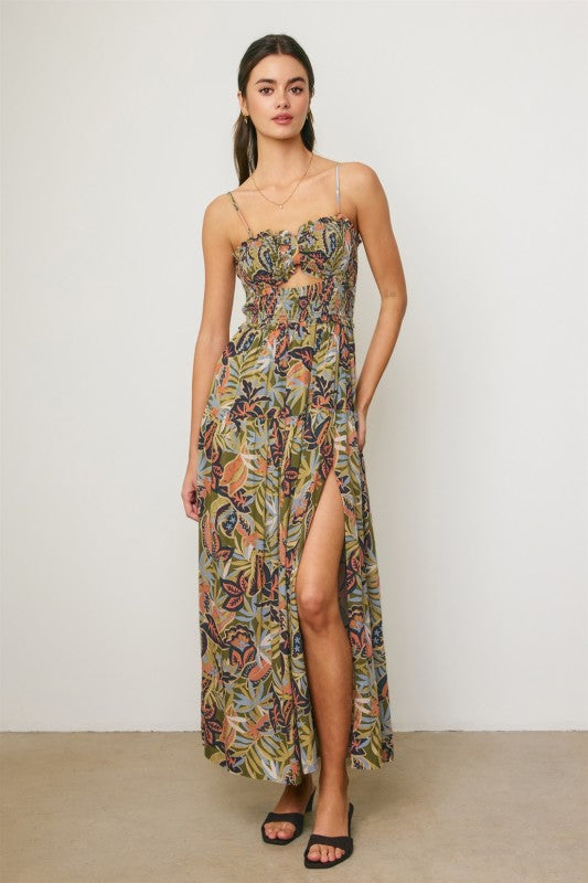 Fawn Sleeveless Cut Out Tropical Print Maxi Dress Green SMALL