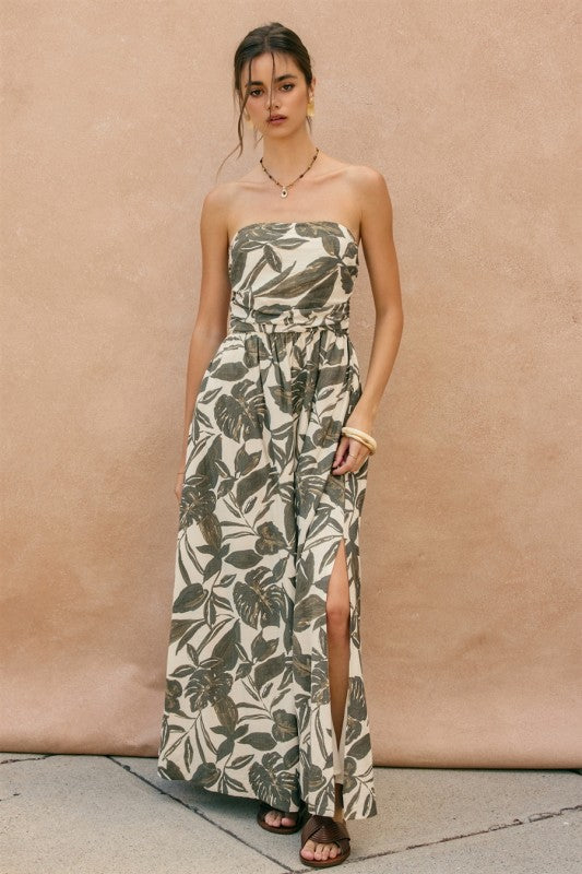 green emerald velvet dress Women's Not in A Hurry Olive Green Tropical Print Cotton Cutout Maxi Dress | Size: M