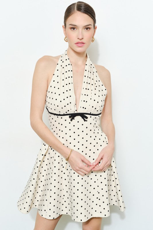 open back polka dot dress Raelynn Sleeveless Halter Open Back Polka Dot Print Mini Dress Ivory LARGE