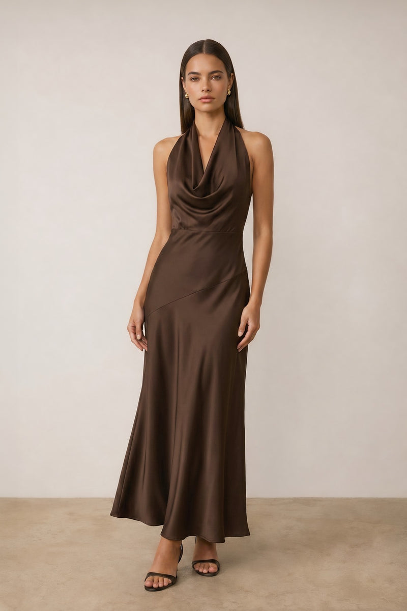 satin date night dress Waitlist 9/15 • Ivanna Sleeveless Halter Open Back Maxi Brown MEDIUM and a sleek clutch Color:BEAUTIFUL NATURE OFF-WHITE Chocolate Brown Mini Dress Elan