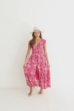 Amelia Short Ruffle Sleeve Floral Print Maxi Dress Pink