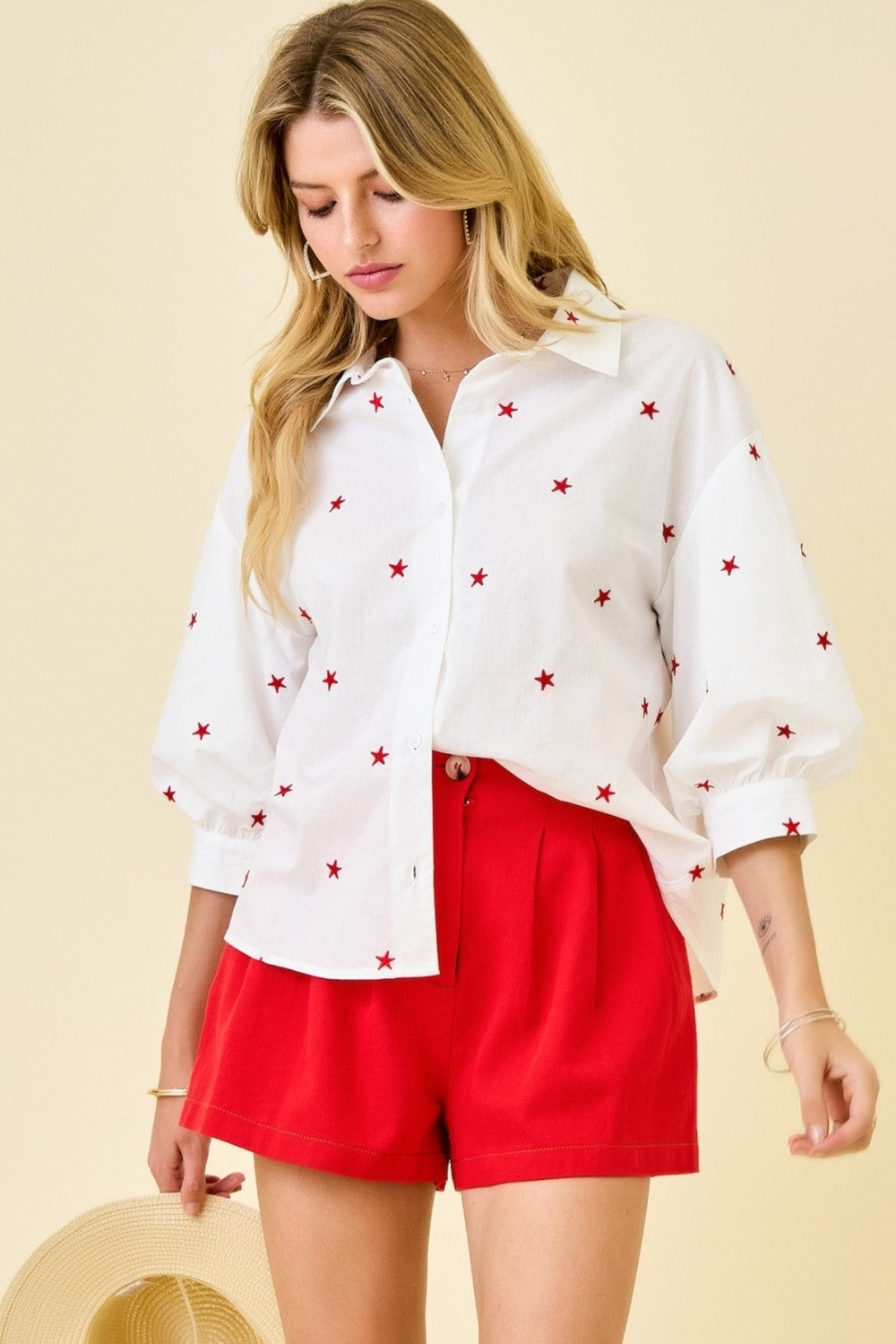 3/4 Puff Sleeve Button Down Star Print Top White