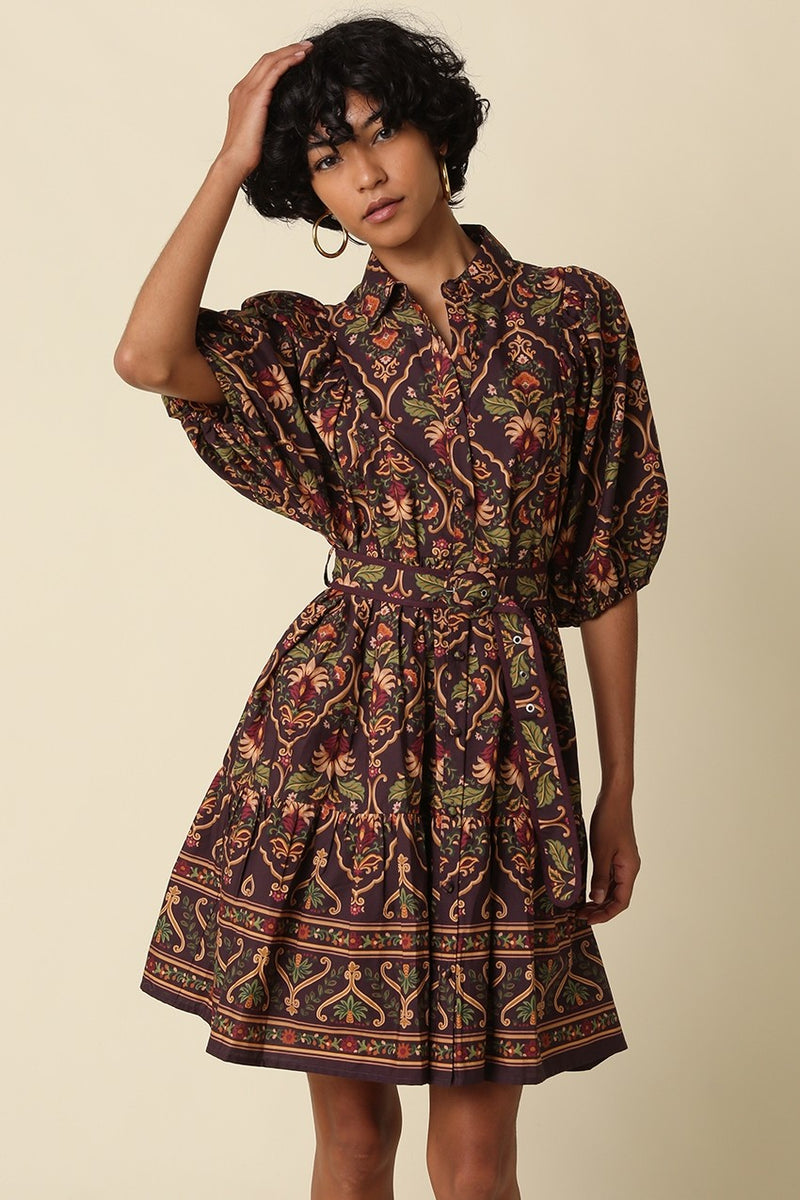 Short Puff Sleeve Belted Paisley Print Mini Dress Brown