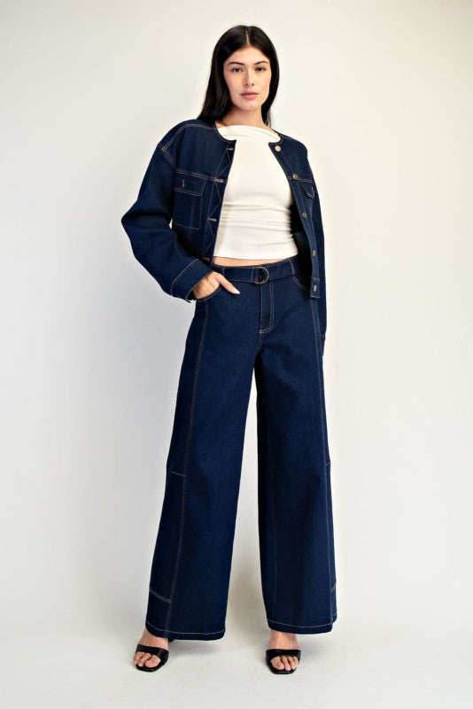 High Waist Belted Wide Leg Denim Pants Dark Wash
