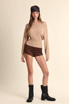 Long Sleeve Off The Shoulder Knit Top Camel