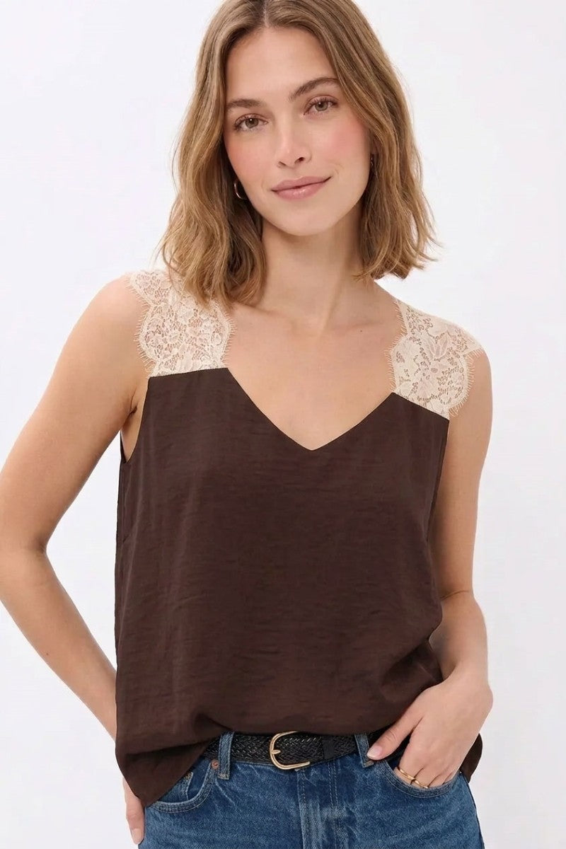 Sleeveless Lace Strap Satin Top Brown