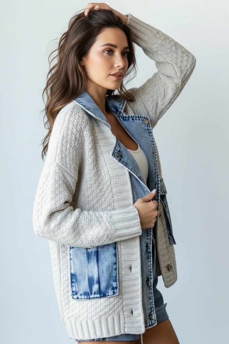 Waitlist 12/28 • Clarissa Long Sleeve Cable Knit Denim Trim Shacket Cream