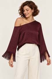 Fiora Long Fringe Sleeve Off The Shoulder Satin Top Burgundy