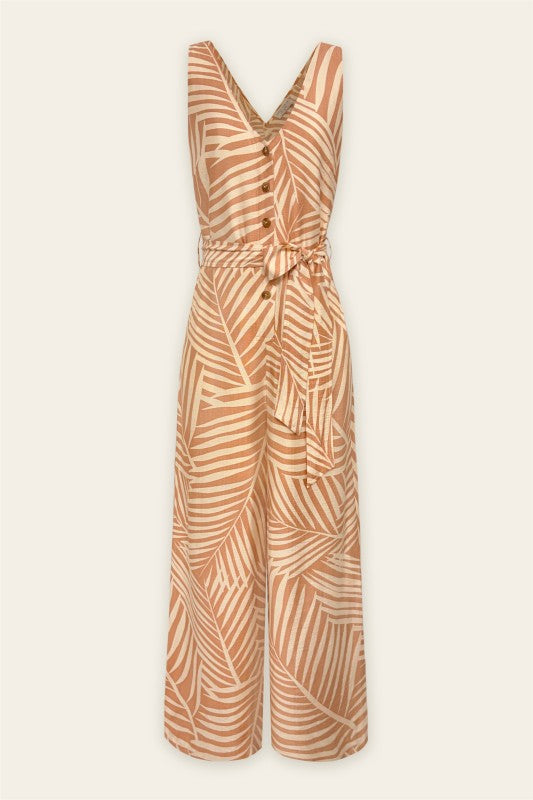 Sleeveless Belted Button Front Wide Leg Jumpsuit Rust