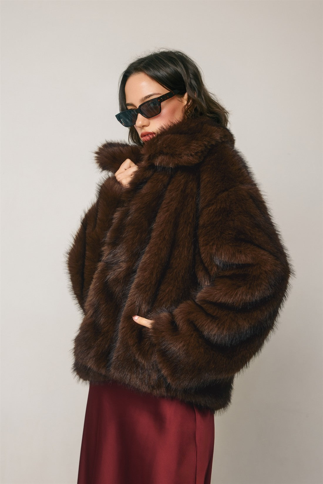 Long Sleeve Faux Fur Jacket Brown