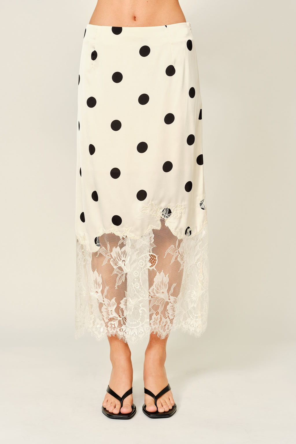 High Waist Satin And Lace Polka Dot Print Midi Skirt Cream