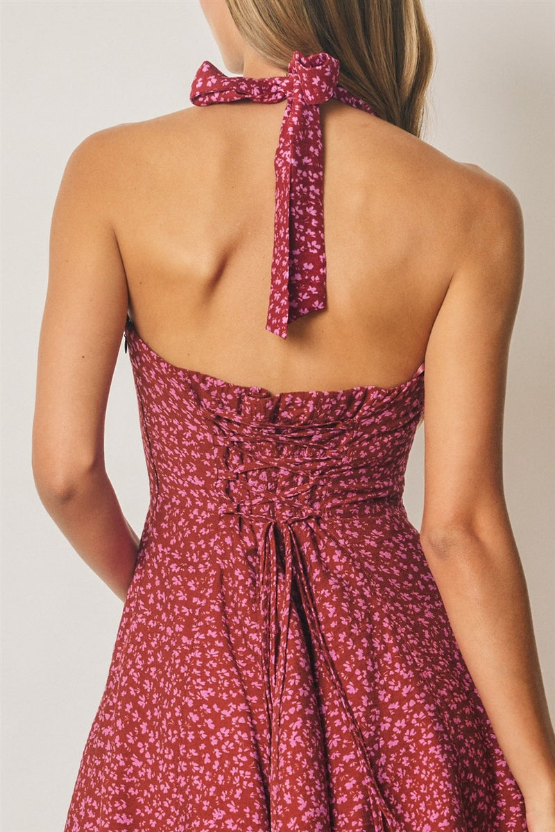 Sleeveless Halter Lace Up Back Floral Print Mini Dress Cherry Red