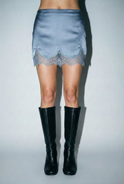 High Waist Lace Trim Satin Mini Skirt Dusty Blue