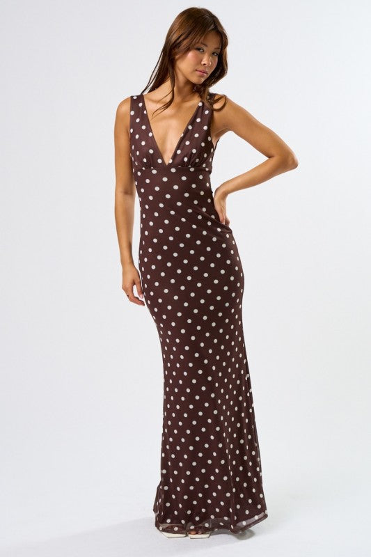 Sleeveless Polka Dot Print Mesh Maxi Dress Brown