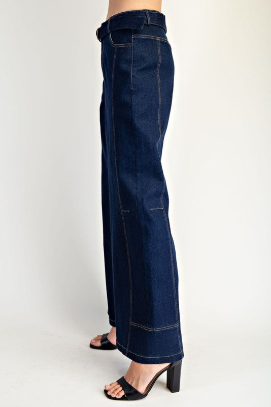 High Waist Belted Wide Leg Denim Pants Dark Wash
