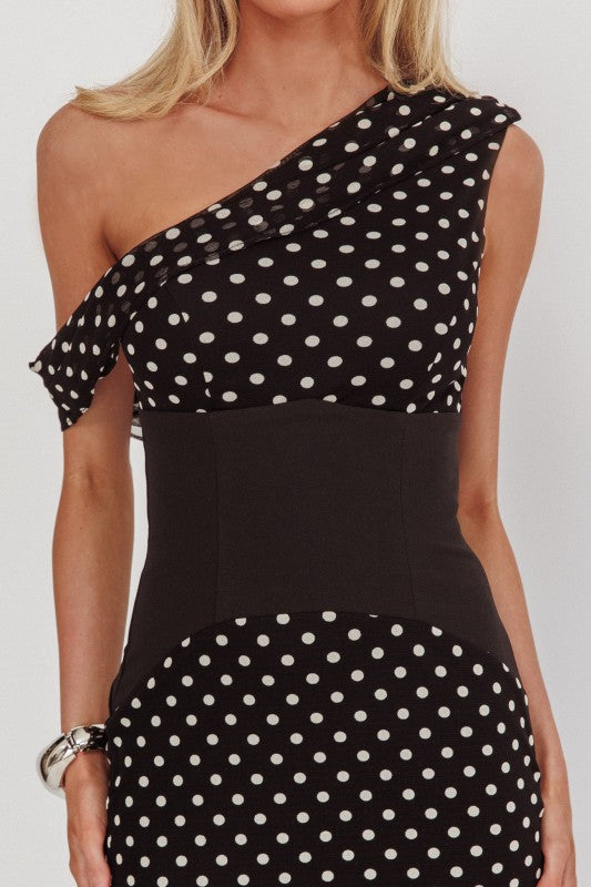 Sleeveless One Shoulder Asymmetrical Polka Dot Print Maxi Dress Black