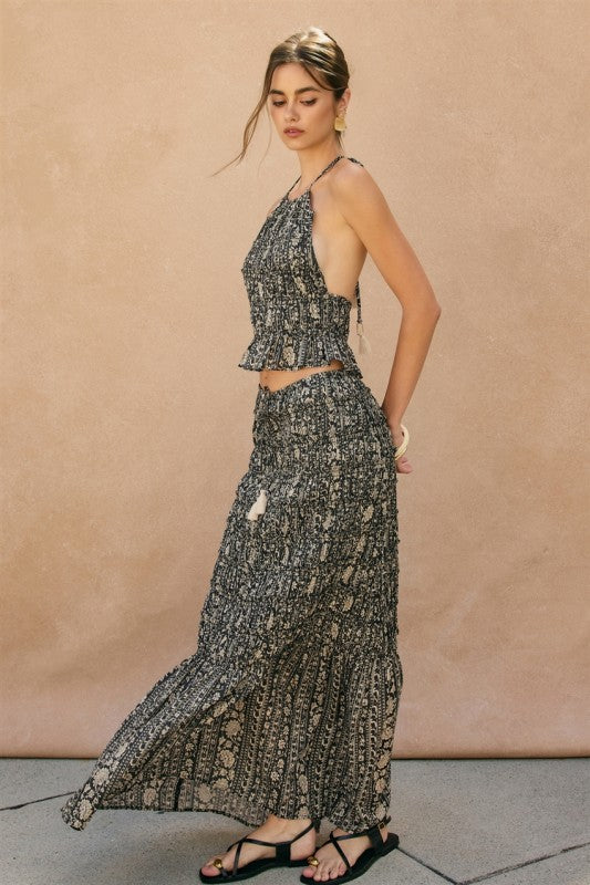  High Waist Smocked Floral Print Midi Skirt Black