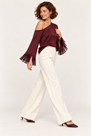 Fiora Long Fringe Sleeve Off The Shoulder Satin Top Burgundy