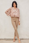 Long Balloon Sleeve Button Down Floral Print Top Mauve
