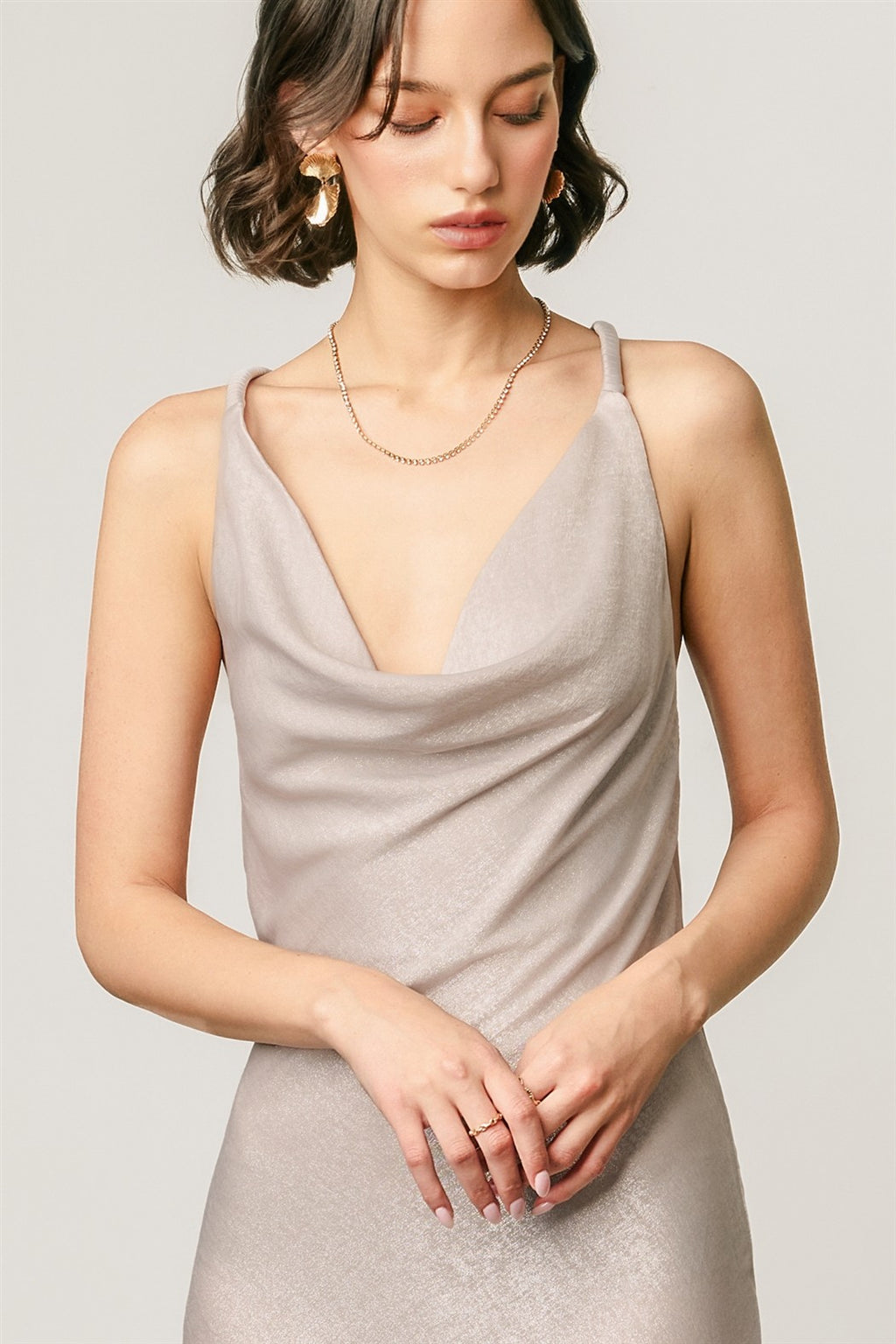 Sleeveless Halter Open Back Metallic Maxi Dress Silver
