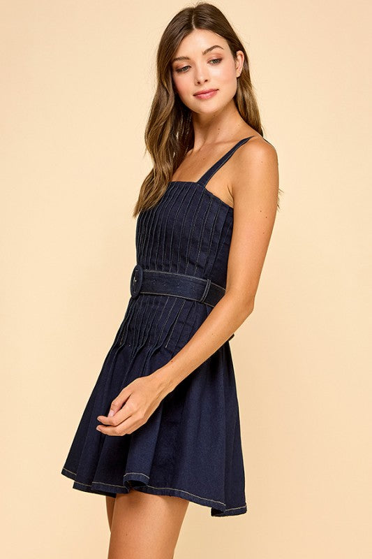  Sleeveless Belted Pleated Denim Mini Dress Dark Wash