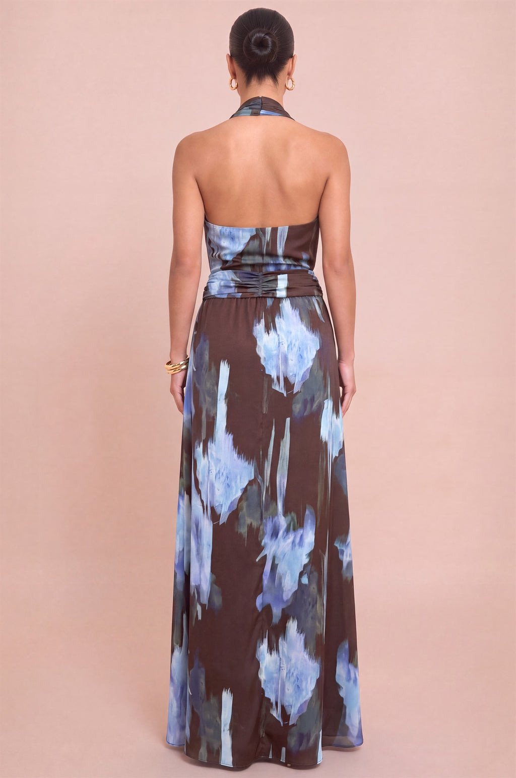 Sleeveless Halter Waist Tie Abstract Print Maxi Dress Brown