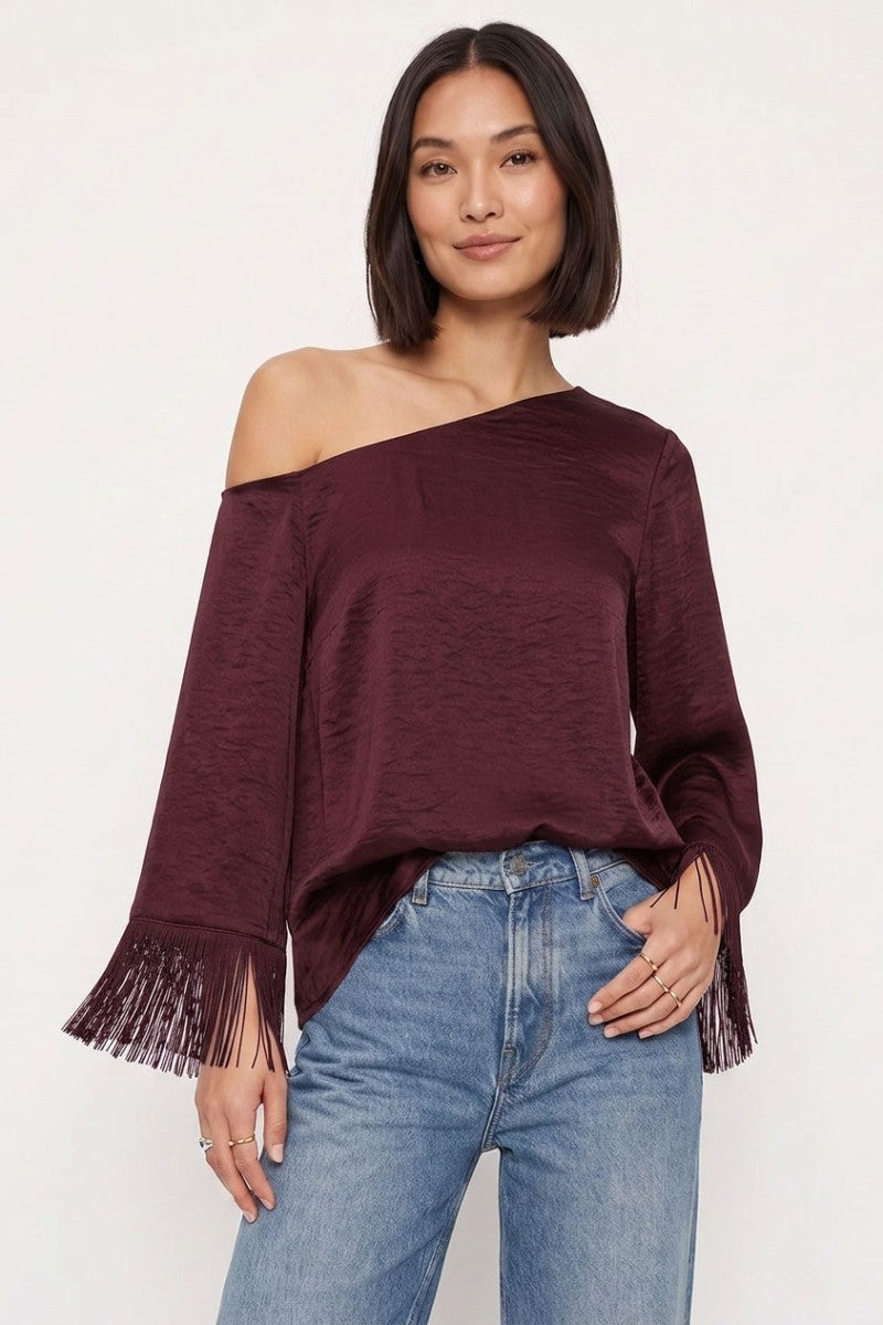 Long Fringe Sleeve Off The Shoulder Satin Top Burgundy